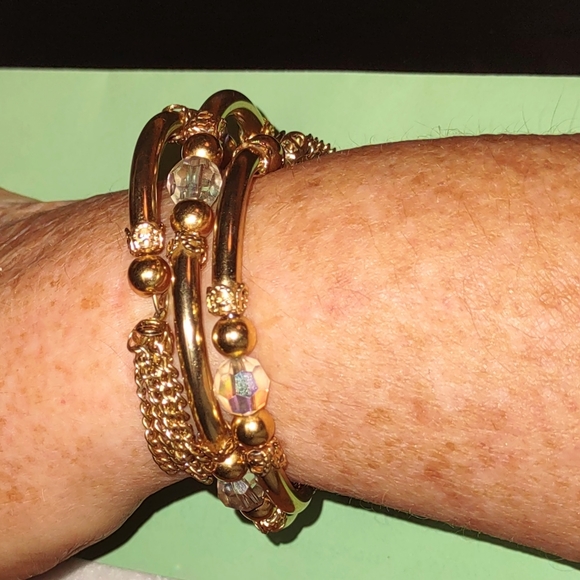 Gold Tassels Wire Wrap Tube Bead Vintage Bangle - Picture 2 of 13